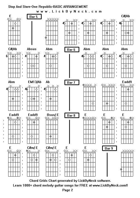 Chord Grids Chart of chord melody fingerstyle guitar song-Stop And Stare-One Republic-BASIC ARRANGEMENT,generated by LickByNeck software.